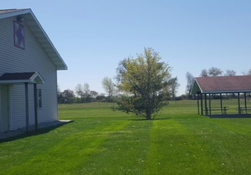 Rural landscape with building, tree, pavilion, and clear sky.